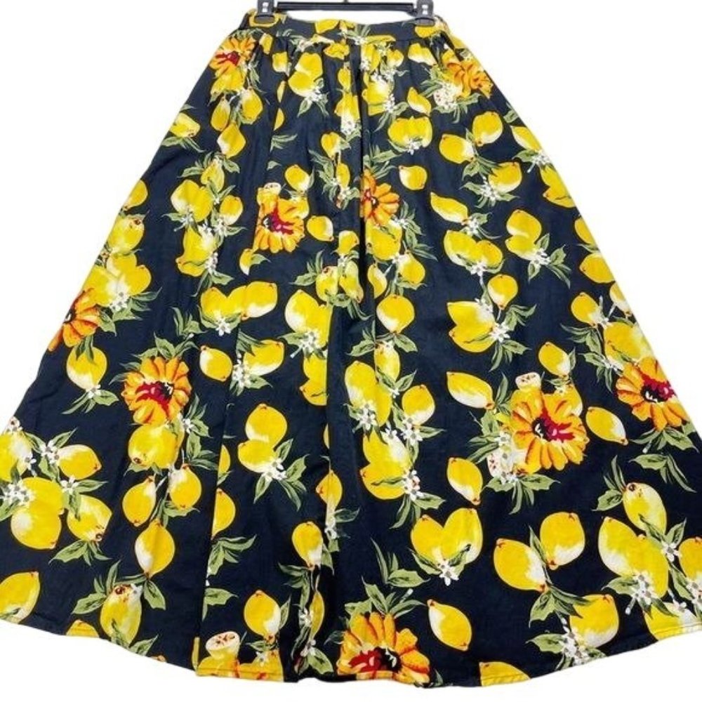 LULUMARI Large Lemon Print Black Button Front Maxi Skirt Size Small - Picture 3 of 8